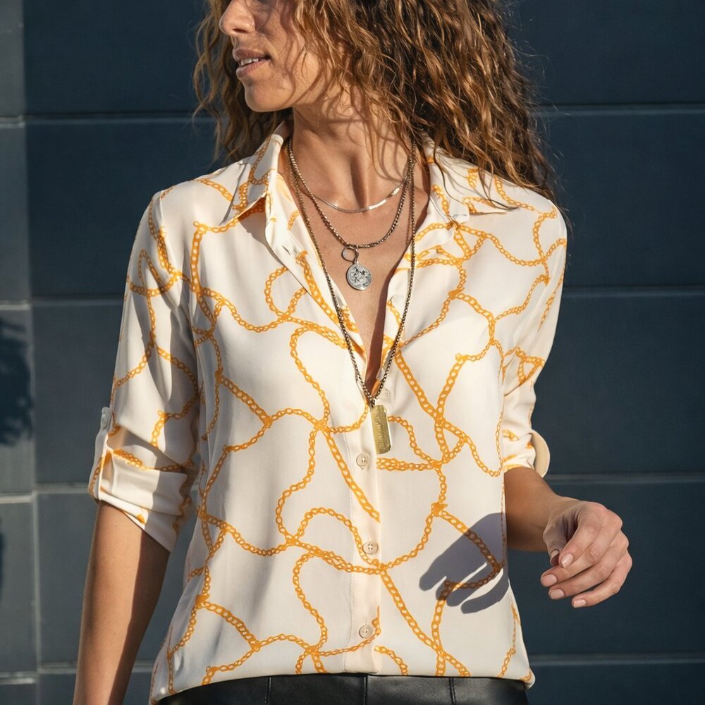 Elegant Chain Print Blouse – Cream & Gold Button Down Shirt – Chic Designer Styl
